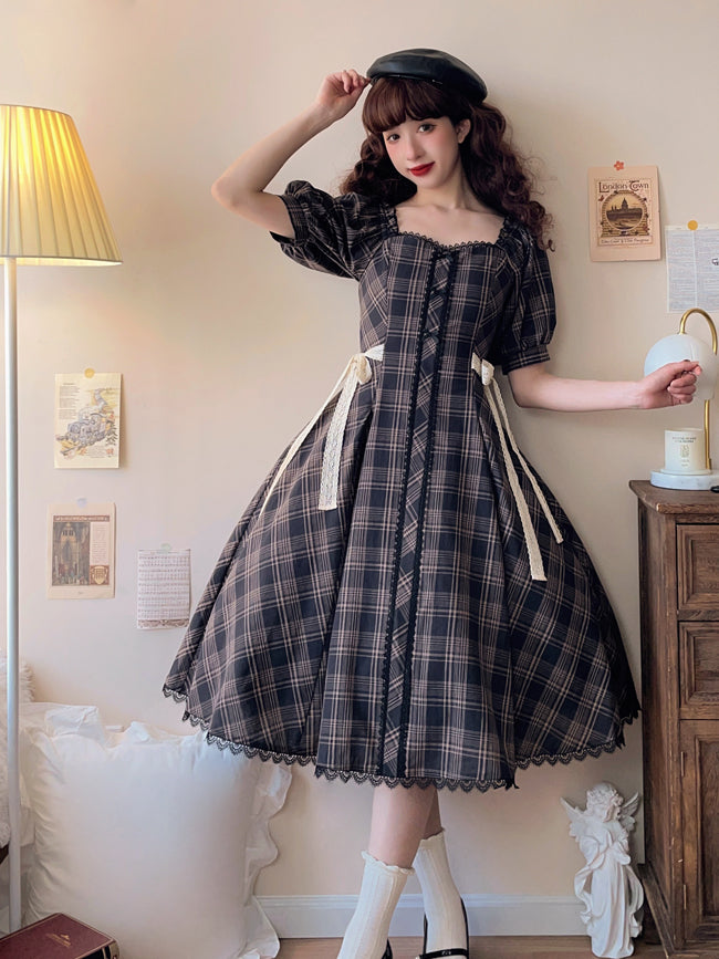 Plaid Pattern One Piece Short Sleeves Elegant Dress