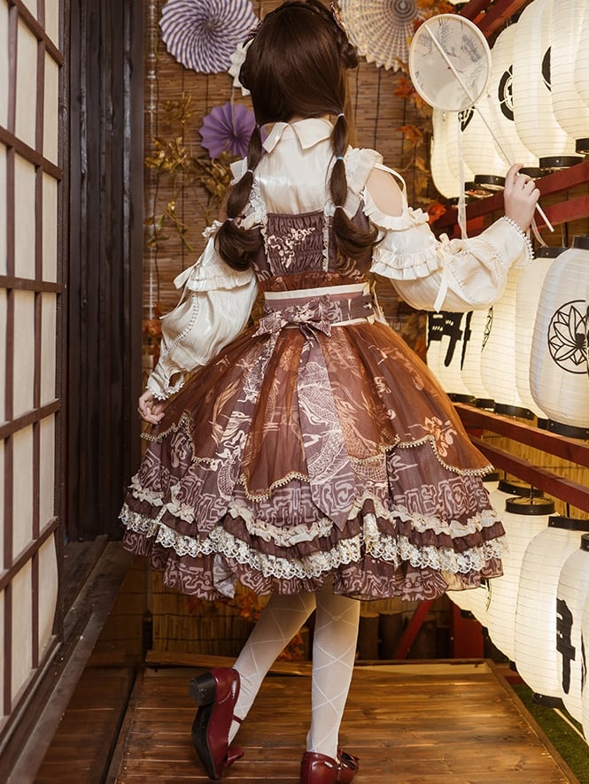 In Stock Chinoiserie Style Pattern Design Dragon Print Bowknot Details Jumper Skirt