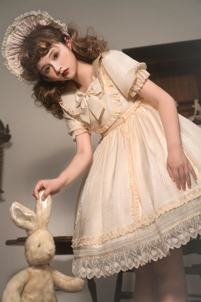 Warm Breeze Into String Peter Pan Collar High Waist Short Sleeves Lolita OP