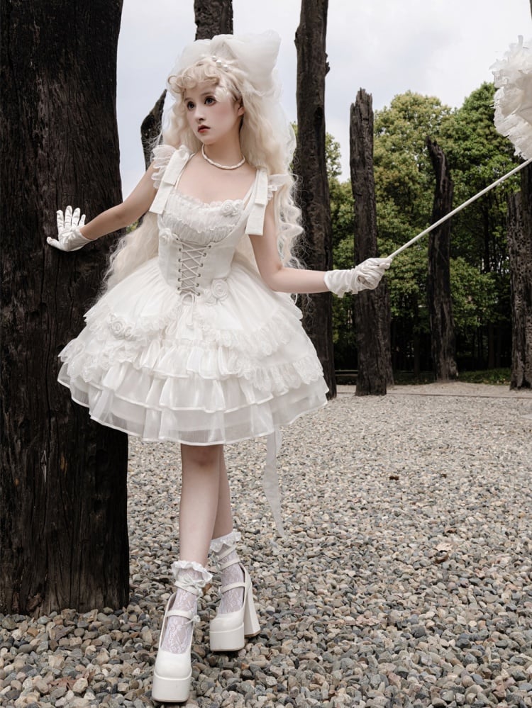 White Ruffle Hem Thin Shoulder Straps Jumper Skirt + Waistcoat Set