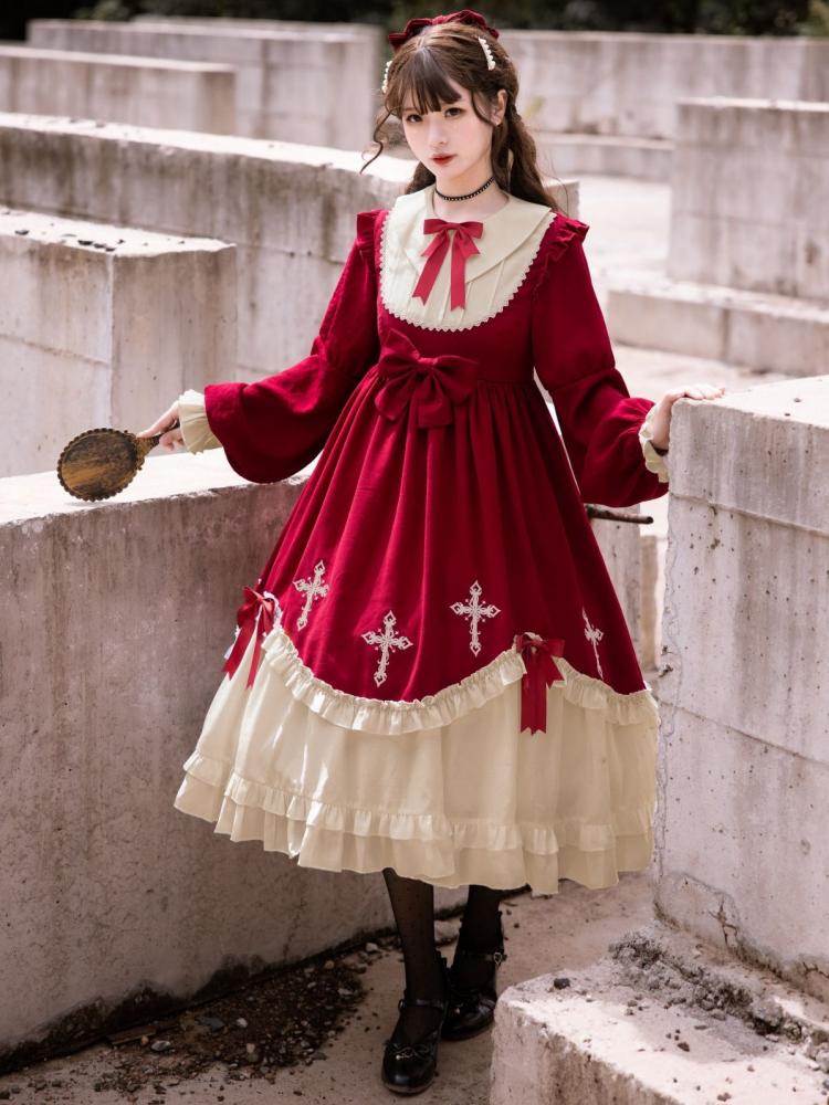 Starry Night Cross Bowknot Details Long Sleeves Lolita OP