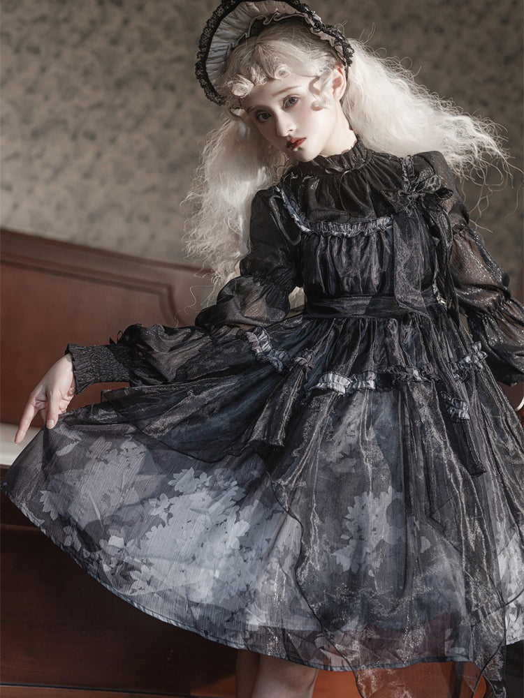 Withered Leaves Print Handkerchief Overlay Hem Empire Waist Jumper Skirt + Blouse Set