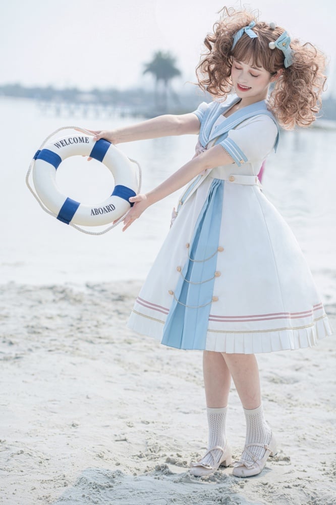 Sea Breeze Light Blue Sailor Collar One Piece High Waist Sweet Dress with Bow Tie and Ribbon