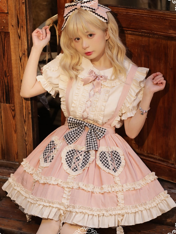 Plaid Heart-shaped Patches Pink Skirt