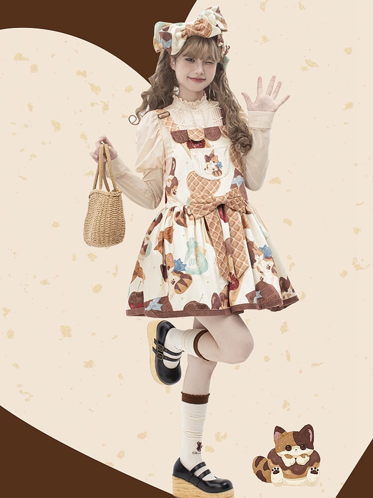 Muffin Kitten Series Dessert and Cat Print Sweet Overall Dress