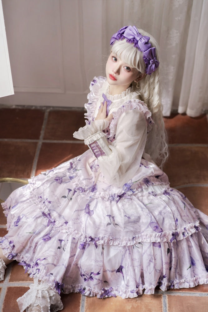 White and Purple Fake Two-pieces Design Floral Print Ruffle Bodice Long Sleeves Lolita OP
