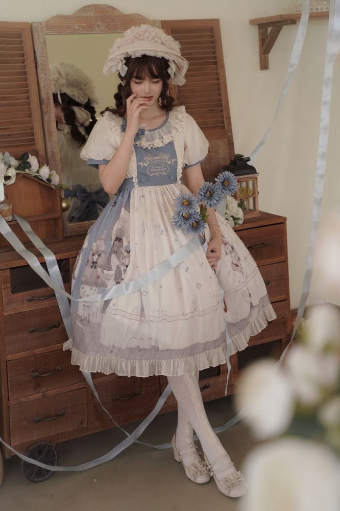 Spring Curtain Country Style Little Girl Print Embroidery Round Neck Bowknot Details Short Sleeves One Piece