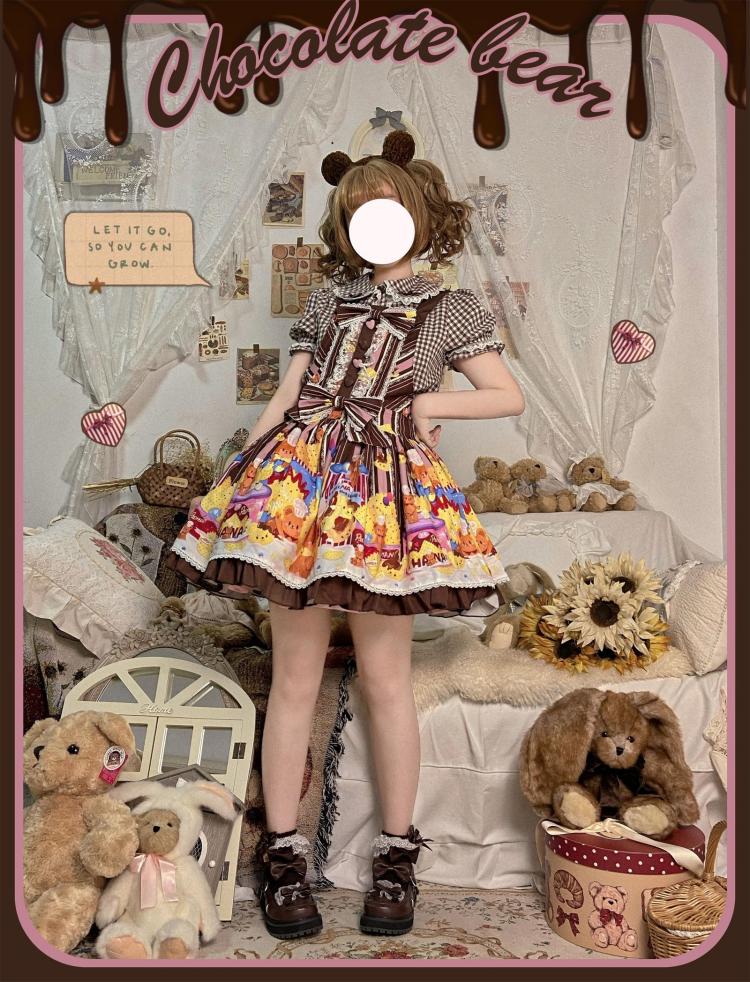 Little Bear and Pot Built-in Petticoat Bear and Biscuit Print Overalls