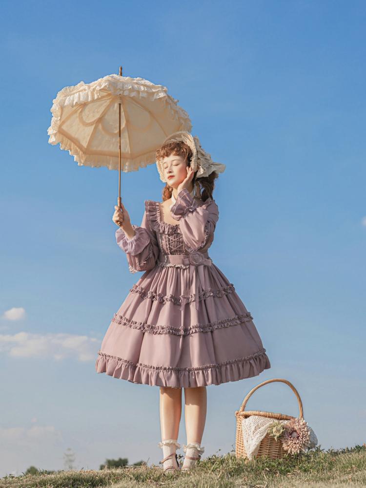 Square Neckline Smocked Elastic Front Bodice Ruffle Hemline Long/Short Sleeves Lolita OP