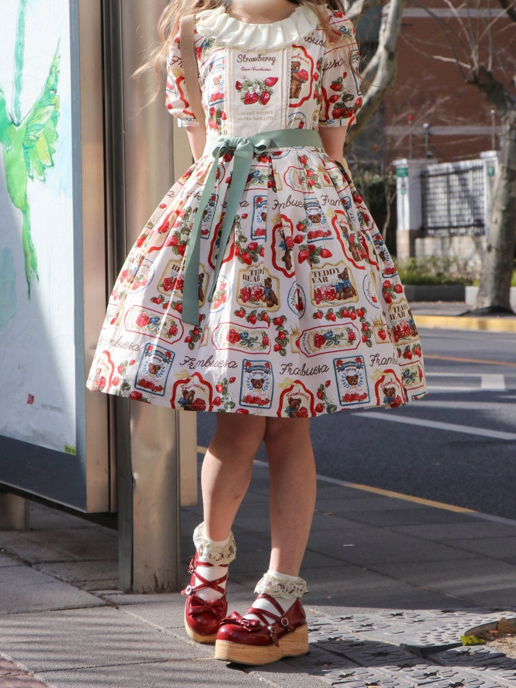 Kano Beige Starwberry Embroidery Bear Print Round Neckline Short Sleeves One Piece