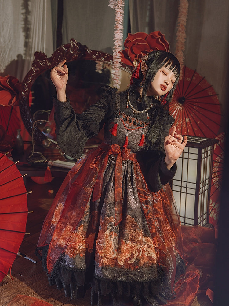 In Stock Lotus Bloom Fish Print Flounce Hemline Chinoiserie Style Jumper Skirt