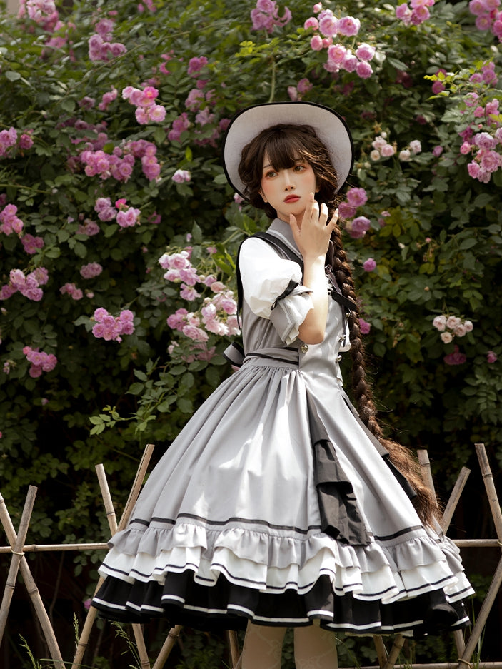 In Stock Black White Gray Tiered Ruffle Hemline Short Sleeves Lolita OP