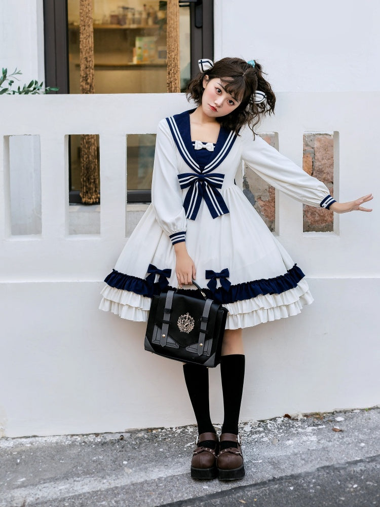 In Stock Bowknot Details Ruffle Hem Sailor Collar Long Sleeves One Piece