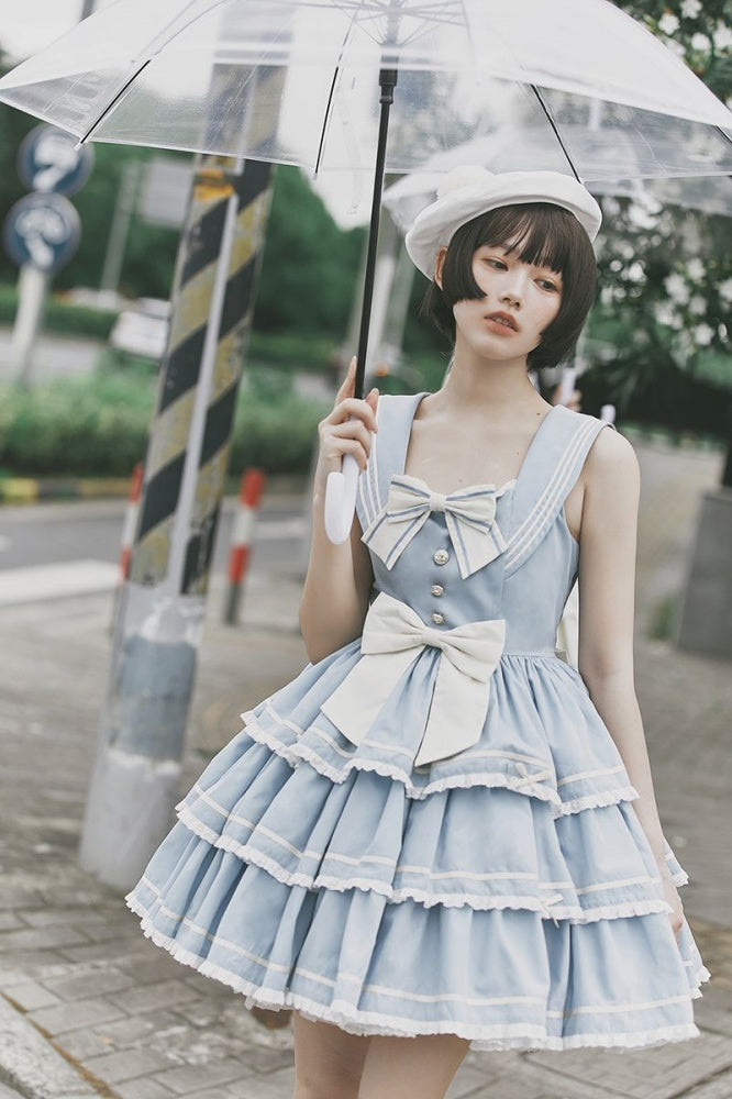 Untitled Sea Breeze Light Blue Sailor Lolita Tiered Skirt Jumper Skirt