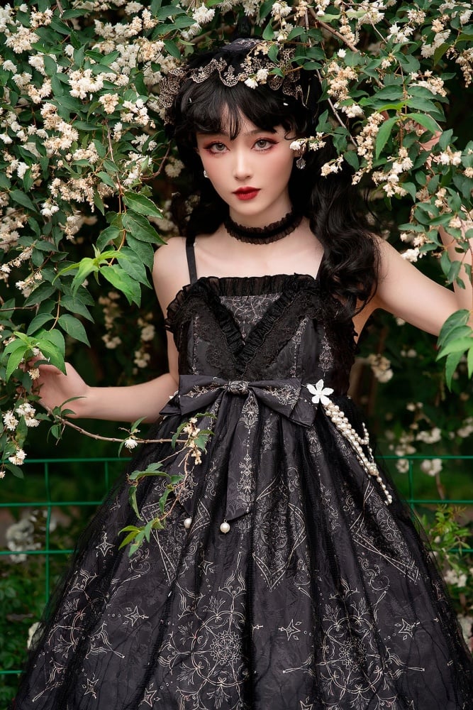 White Day Moon Print Big Bow Ruffle Trim Jumper Skirt