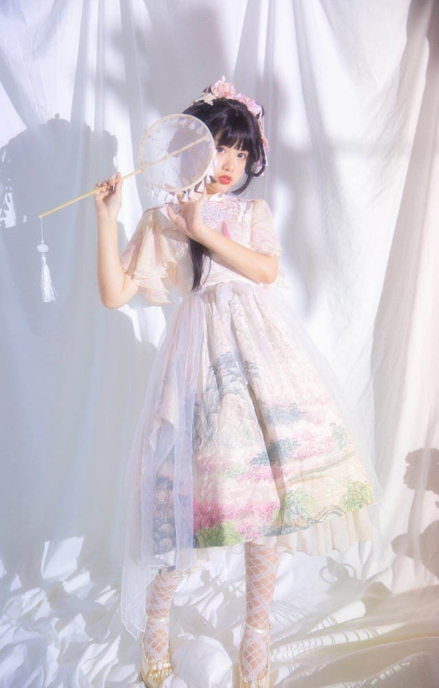 In Stock Mountains-and-waters Painting Print Irregular Hem Chinoiserie Style Short Sleeves One Piece