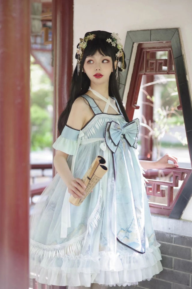 Link Landscape Print Han Lolita Big Bow Jumper Skirt