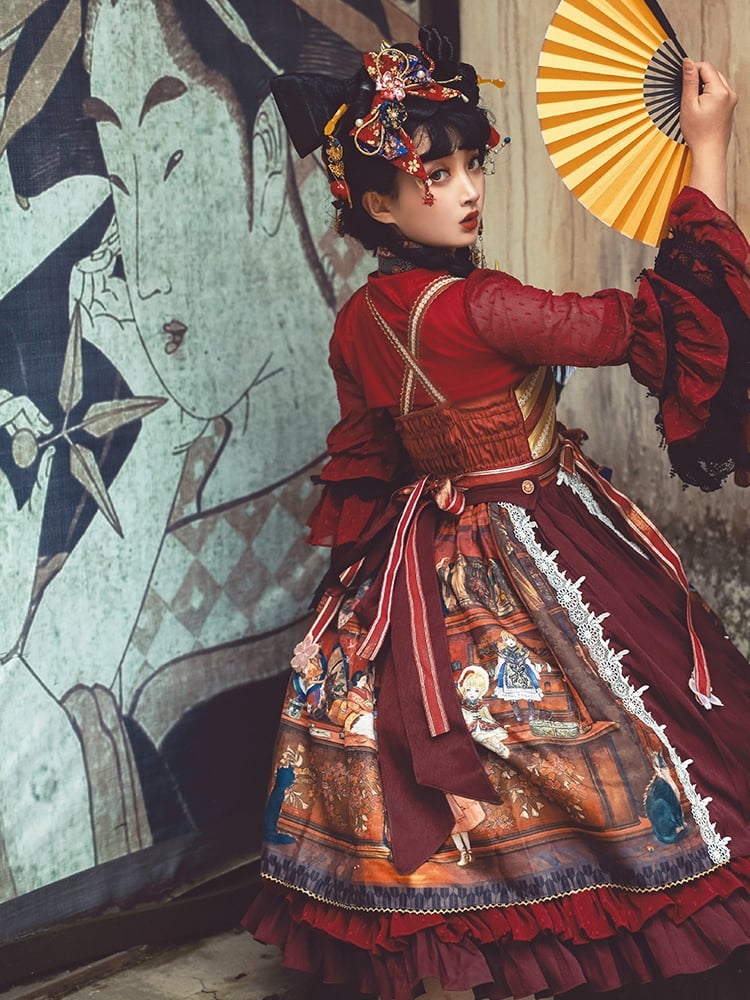 In Stock Fantasy Night Story Japanese Style Print Flounce Hem High Waist Wa Lolita JSK