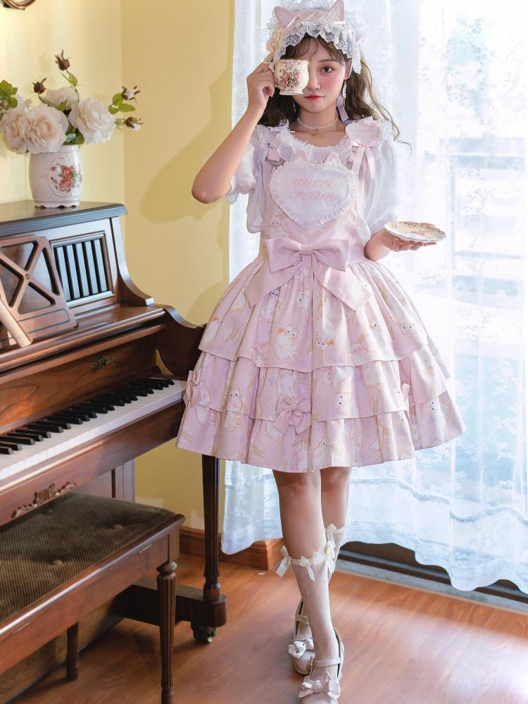 In Stock Kitty Print Bowknot Details Tiered Ruffle Hem Overall Dress
