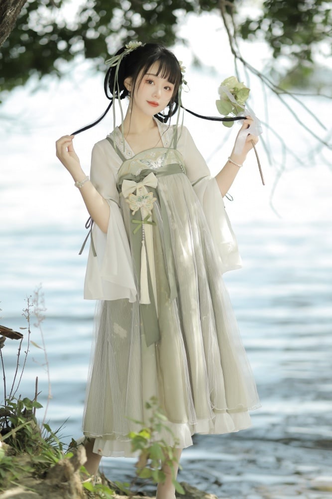 Light Green Floral and Butterfly Embroidery Han Slip Dress