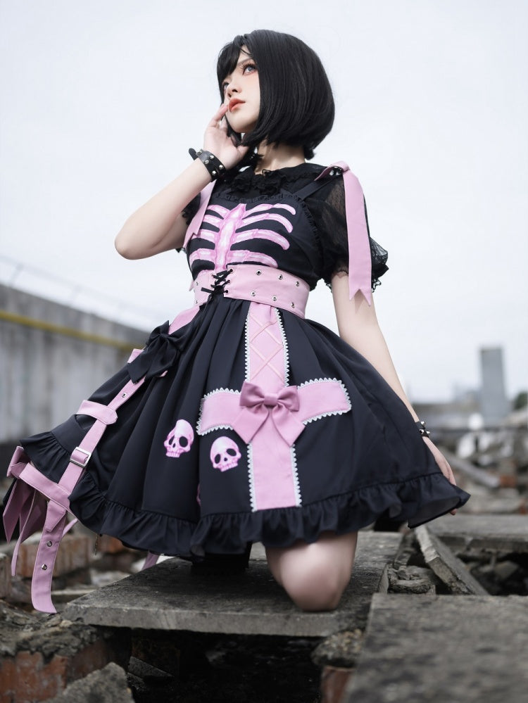 In Stock Dark Birdcage Skull Print Bowknot High Waist Lolita JSK