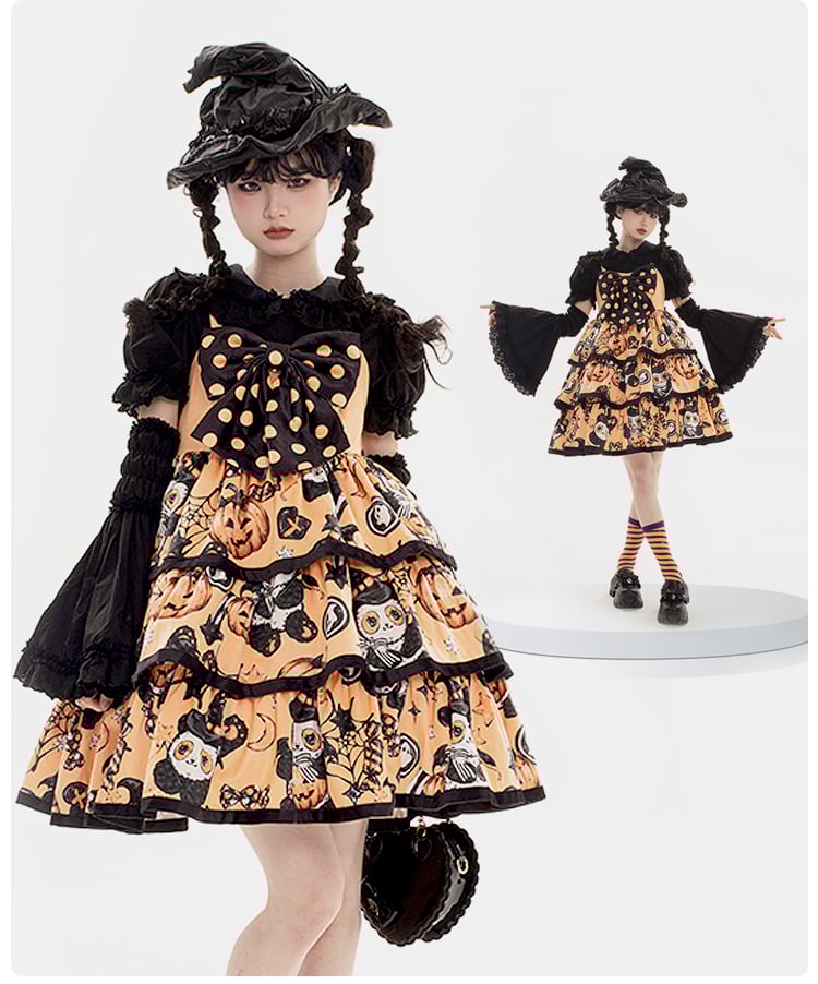 Strawberry Milk Ball Orange Bowknot Detail Strawberry Print Tiered Hem Jumper Skirt