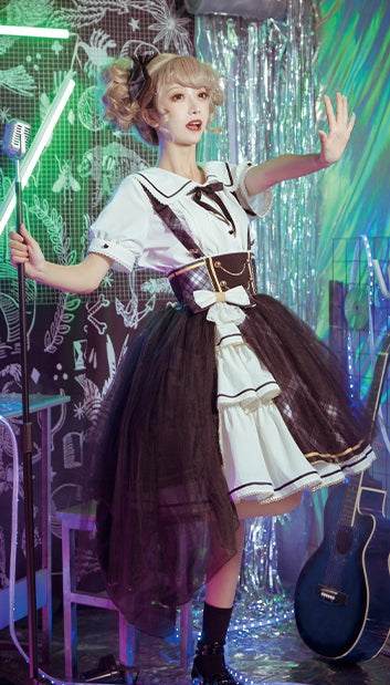 In Stock Plaid Tiered Flounce Hem Idol Overall Skirt+ White Shirt Set