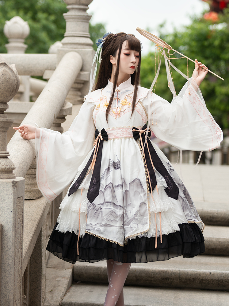 In Stock Black and White Chinoiserie Mountains-and-waters Painting Print Long Sleeves One Piece