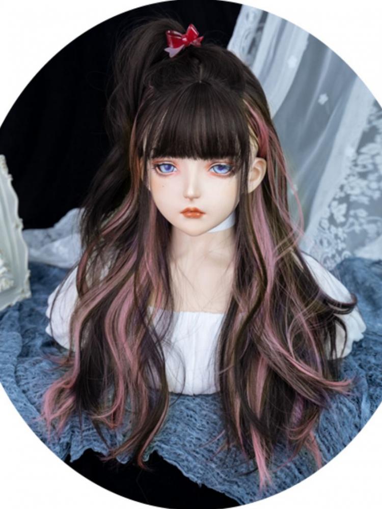 Pink Highlight Hair Color Black Long Synthetic Wavy Wig with Full Bangs