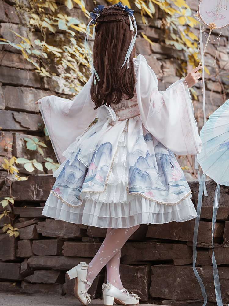 Chinoiserie Mountains-and-waters Painting Print Long Sleeves Lolita OP