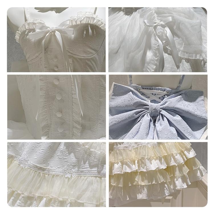 White Sweetheart Neckline Boned Bodice Balletcore Jumper Skirt Tiered Ruffles with Big Bow