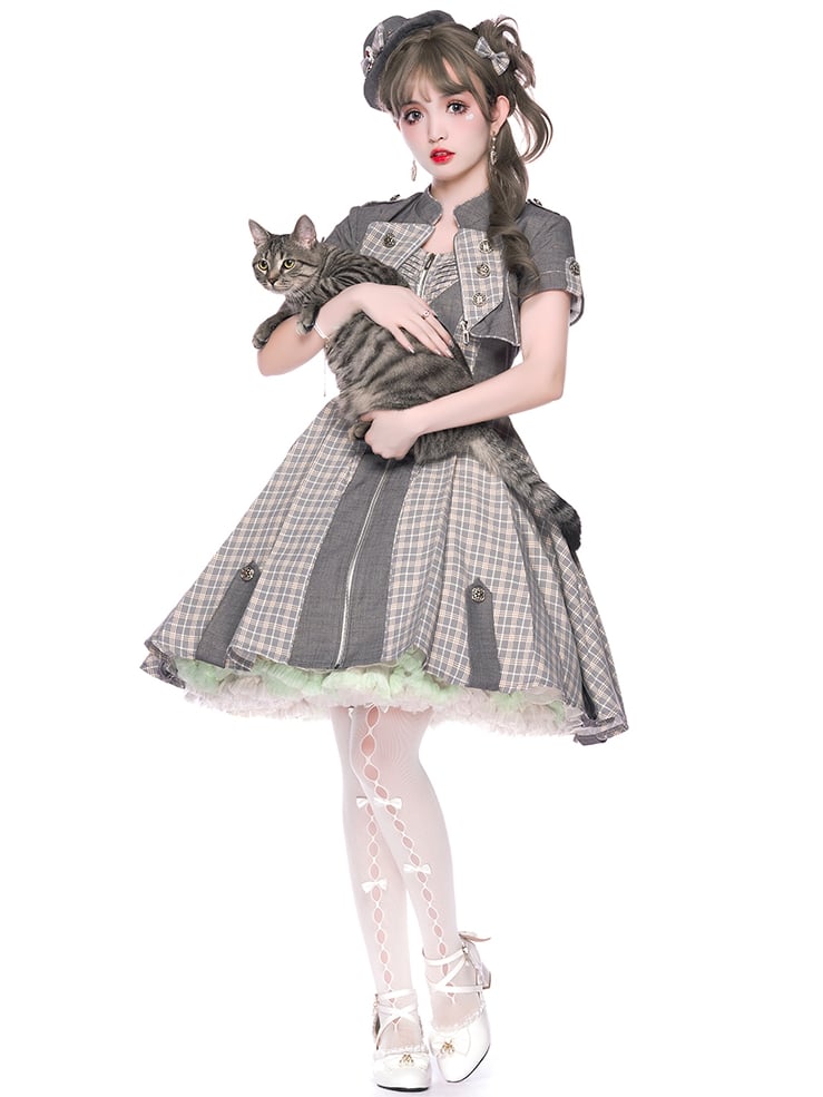 Born for Beauty Vicabi Zip Closure Plaid Pattern Pleated Jumper Skirt