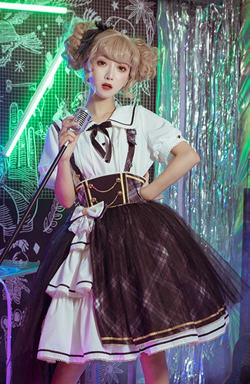 In Stock Plaid Tiered Flounce Hem Idol Overall Skirt+ White Shirt Set