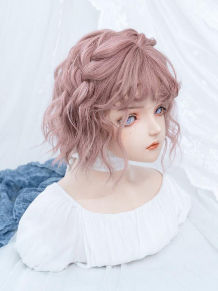 Pink Chin Length Wavy Synthetic Wig with Curly Bangs