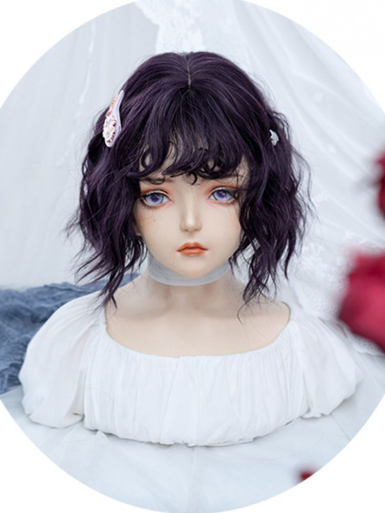 Purple Chin Length Wavy Synthetic Wig with Curly Bangs