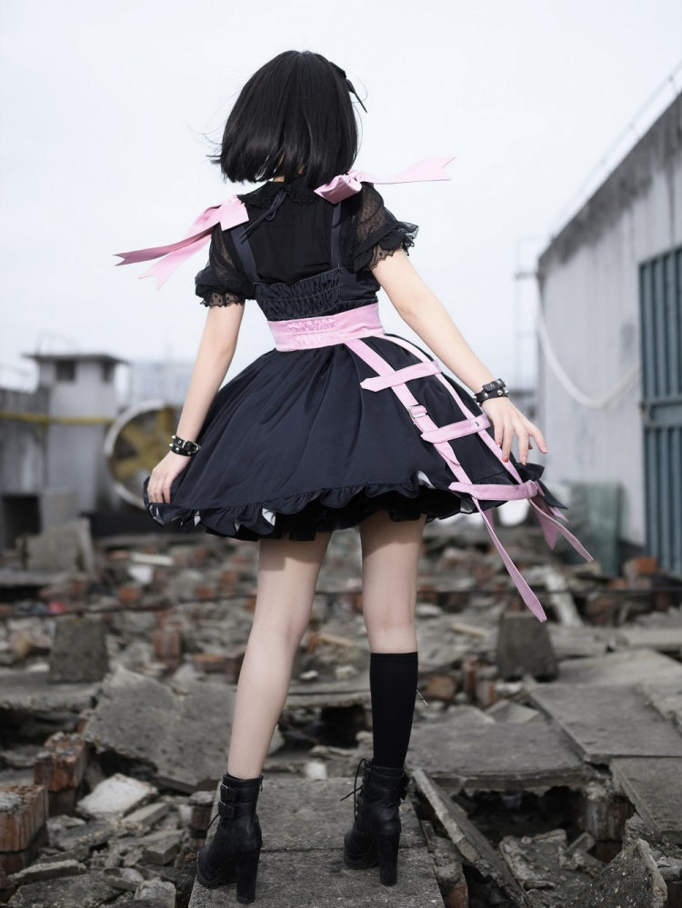 In Stock Dark Birdcage Skull Print Bowknot High Waist Lolita JSK