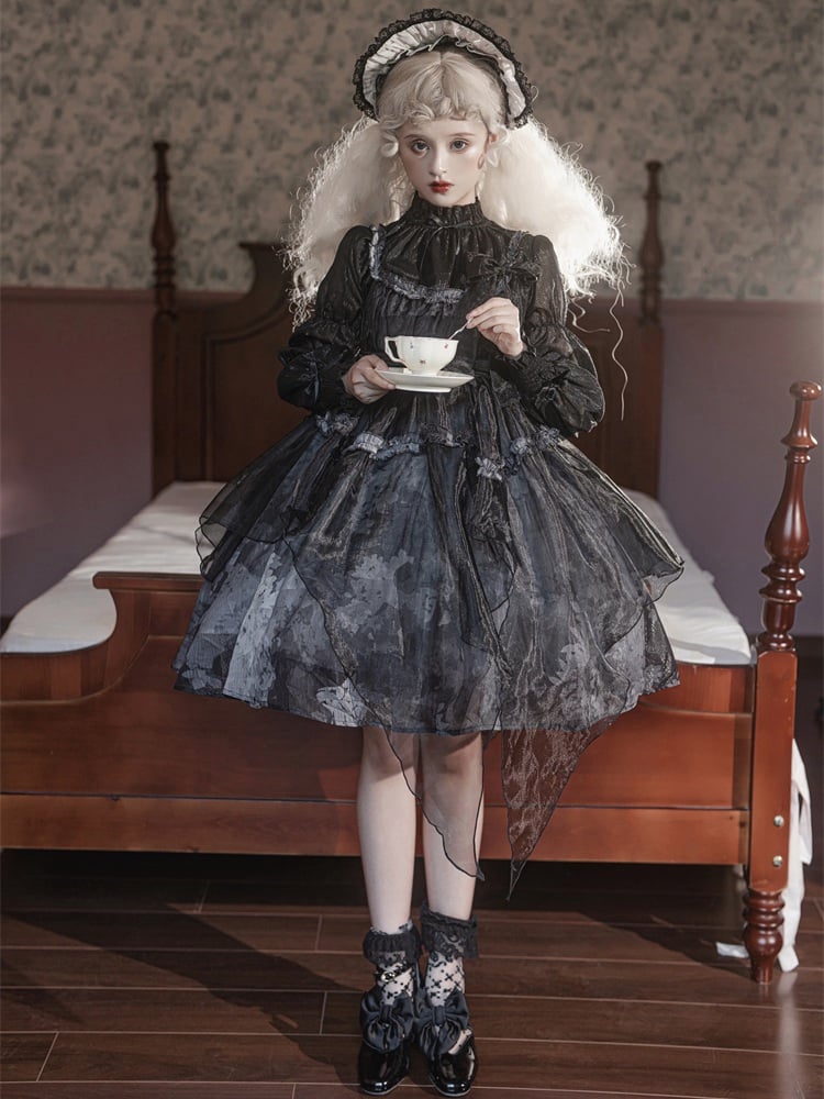 Withered Leaves Print Handkerchief Overlay Hem Empire Waist Jumper Skirt