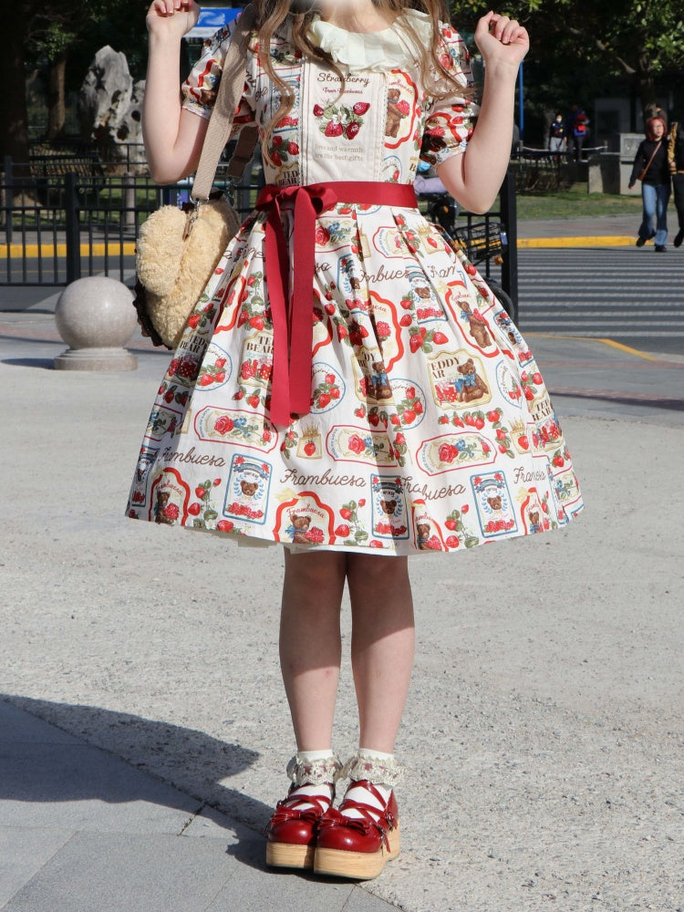 Kano Beige Starwberry Embroidery Bear Print Round Neckline Short Sleeves One Piece