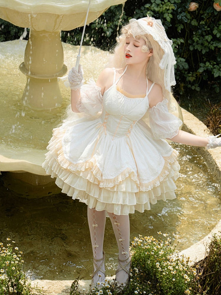 White Halter Neck Ruffle Skirt Corset Waist Jumper Skirt