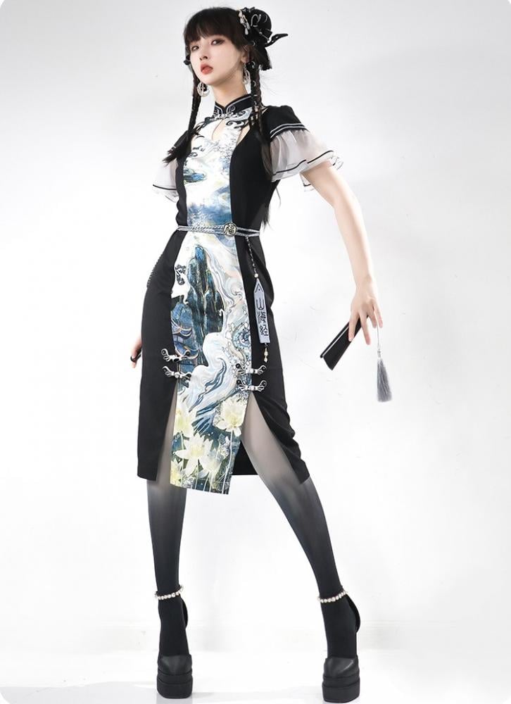 The Mountain Han Elements Banded Collar Cutout Detail Slit Dress