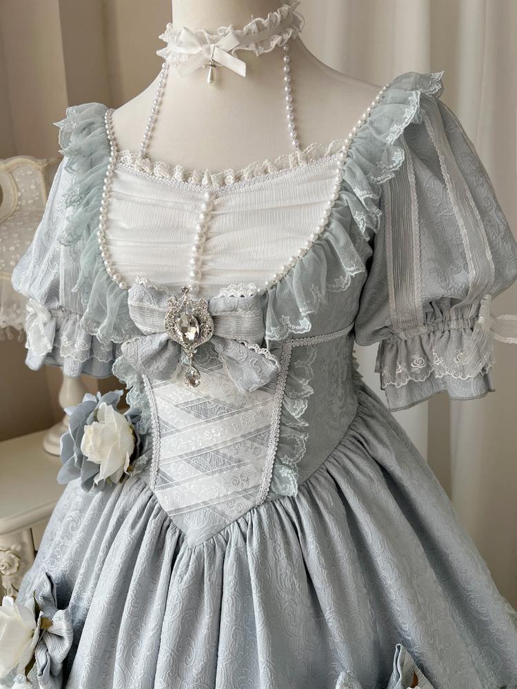 White and Blue Floral Bowknot Design One Piece