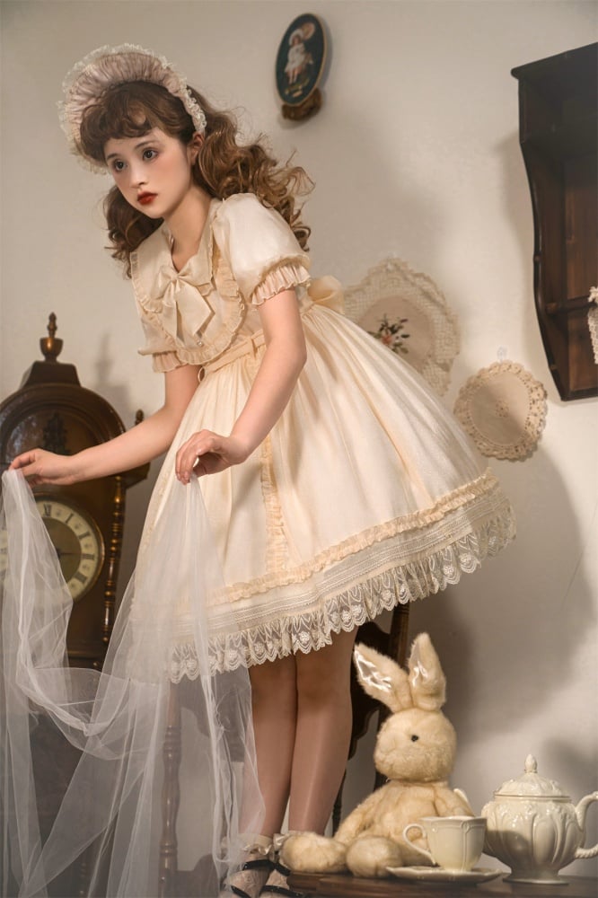 Warm Breeze Into String Peter Pan Collar High Waist Short Sleeves Lolita OP
