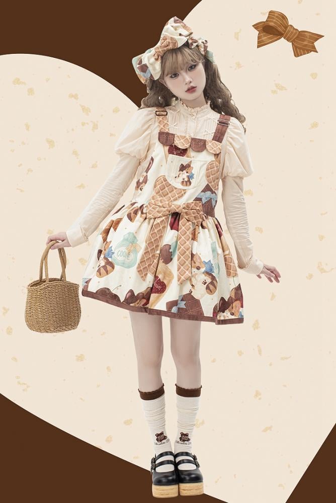 Muffin Kitten Series Dessert and Cat Print Sweet Overall Dress