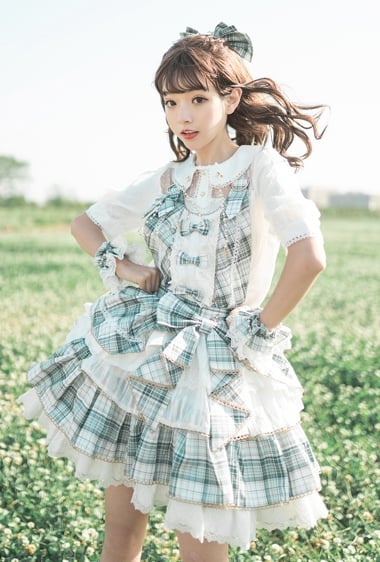 Matcha Ice Bowknot Details Plaid Ruffle Hem Idol Lolita Overall Dress