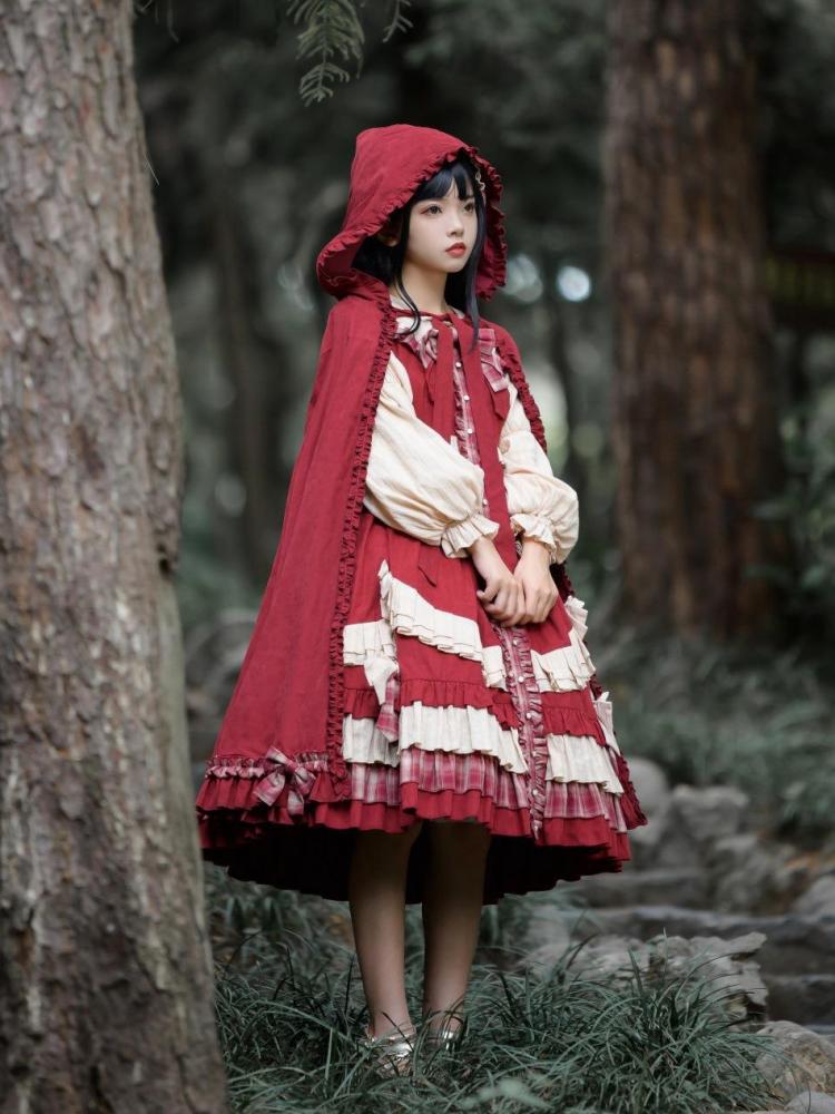 Peter Pan Collar Red Plaid Pattern Bowknot Details Long Sleeves Lolita OP