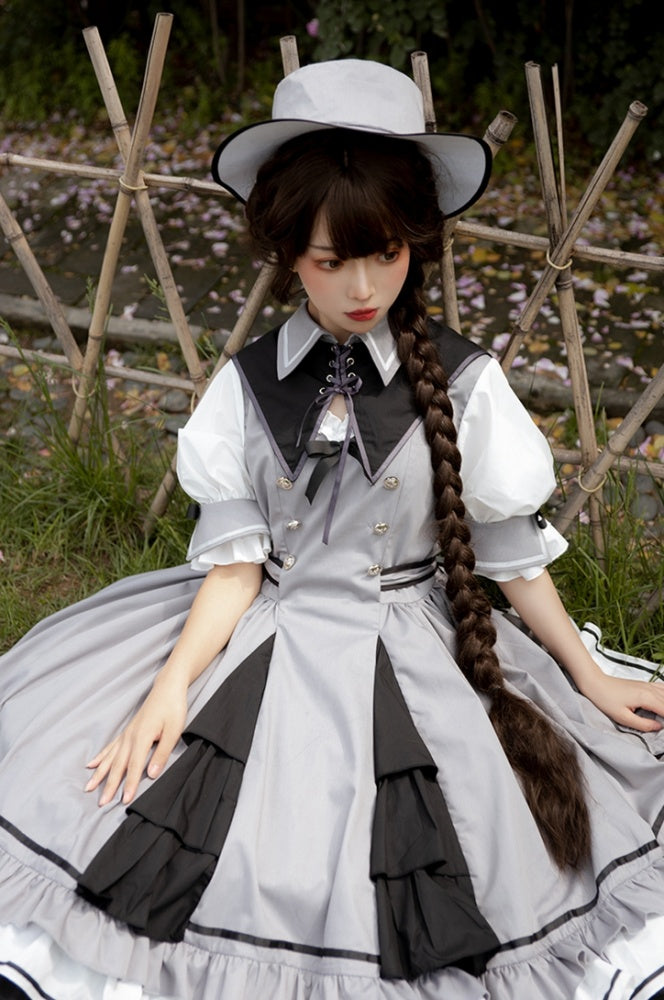 In Stock Black White Gray Tiered Ruffle Hemline Short Sleeves Lolita OP