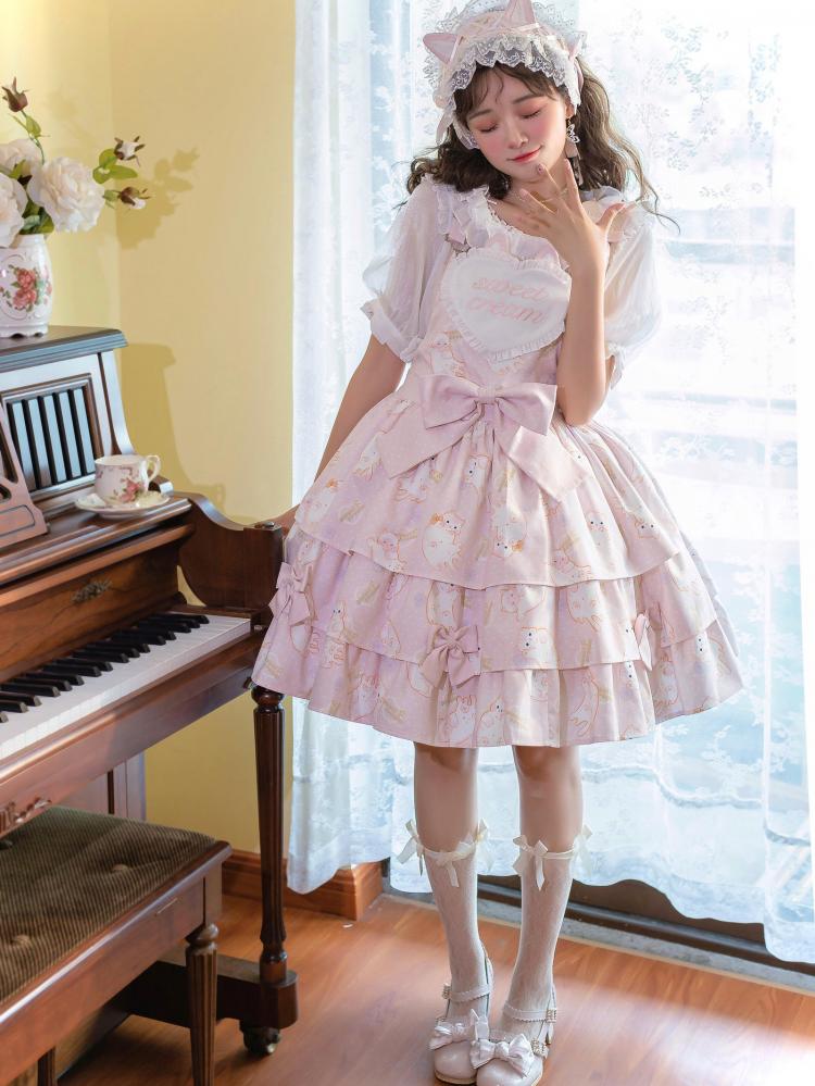 In Stock Kitty Print Bowknot Details Tiered Ruffle Hem Overall Dress