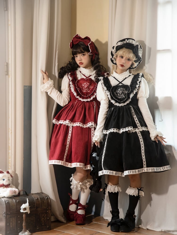 In Stock Runaway Bear Emboridery Heart-shaped Neckline Letter Print Hemline Velvet Jumper Skirt