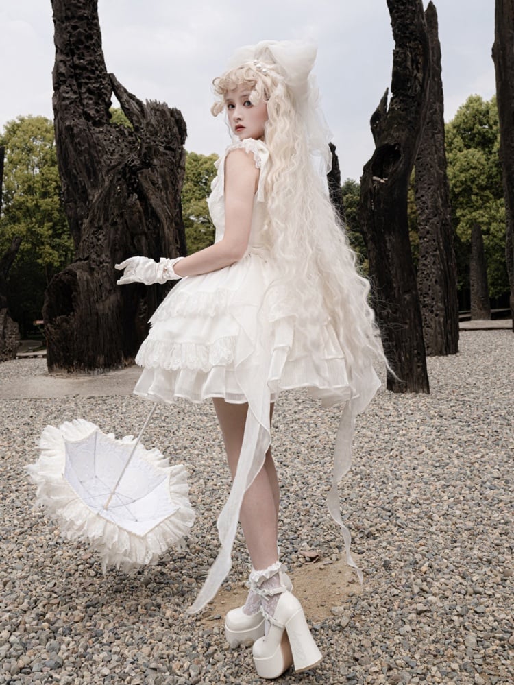 White Ruffle Hem Thin Shoulder Straps Jumper Skirt + Waistcoat Set