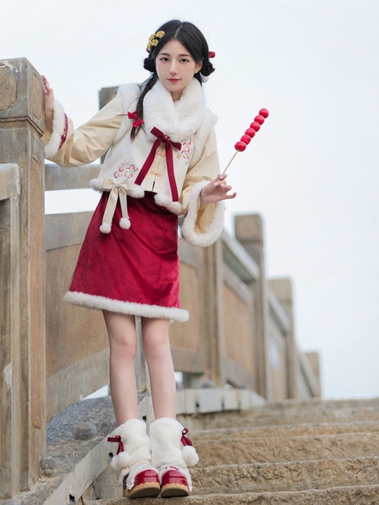 New Year Red Plush Cheongsam Collar Gold Embroidery Bodice Chi-pao